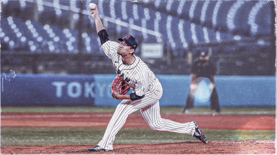 Aug 7, 2021; Yokohama, Japan; Team Japan pitcher Koudai Senga (21) throws in the 6th inning against USA in the baseball gold medal match during the Tokyo 2020 Olympic Summer Games at Yokohama Baseball Stadium.