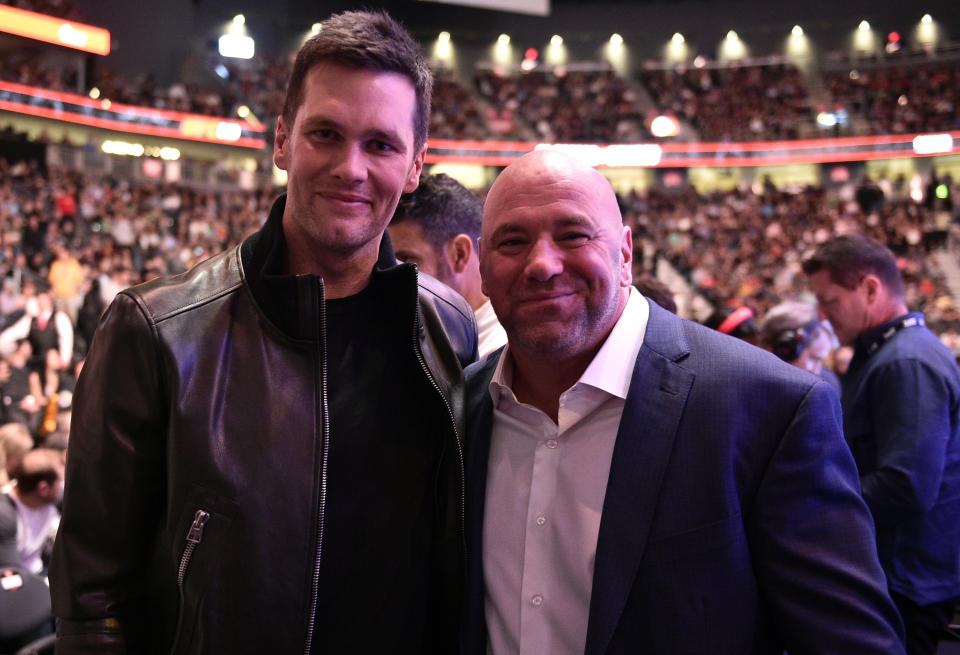 Dana White tried to tell us. Tom Brady, posing for a photo with the UFC president on Jan. 18, 2020 in Las Vegas, almost became a Raider, White said in a couple of interviews. (Photo by Chris Unger/Zuffa LLC via Getty Images)