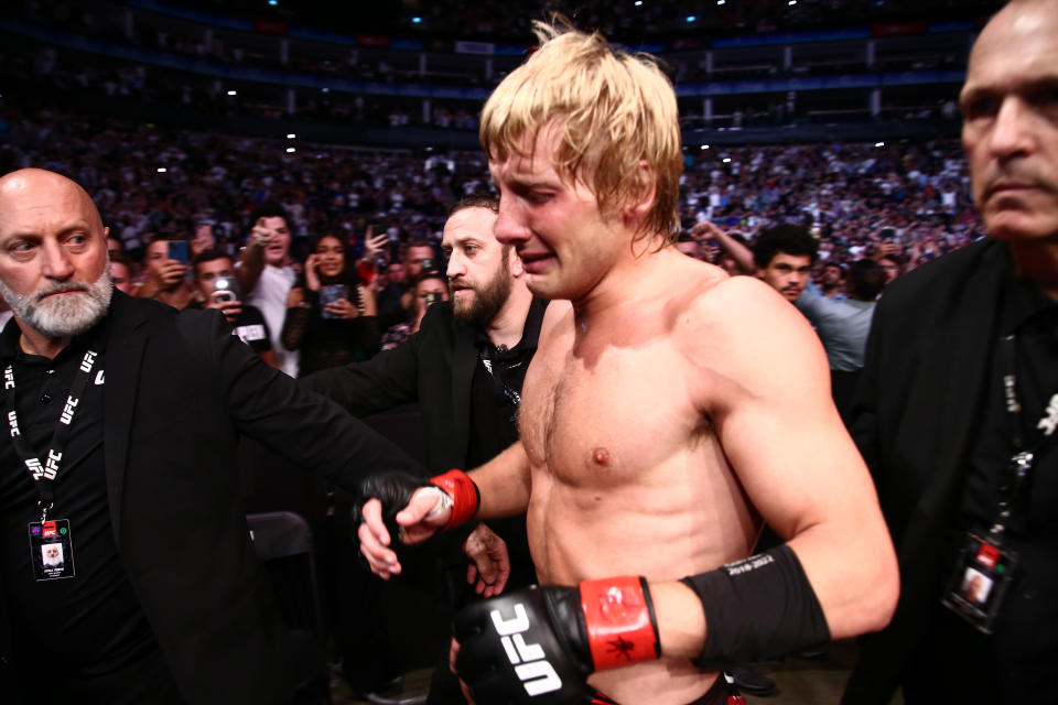 Paddy Pimblett leaves the cage in tears after sharing a message about mens mental health in his post-fight interview during ESPN Fight Night 108 at the O2 Arena, Greenwich on Saturday 23rd July 2022. (Photo by Kieran Riley/MI News/NurPhoto via Getty Images)