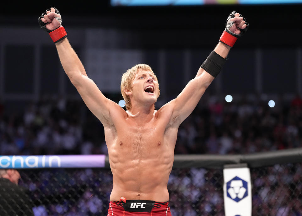 LONDON, ENGLAND - JULY 23: Paddy Pimblett of England celebrates after his victory over Jordan Leavitt in a lightweight fight during the UFC Fight Night event at O2 Arena on July 23, 2022 in London, England. (Photo by Jeff Bottari/Zuffa LLC)