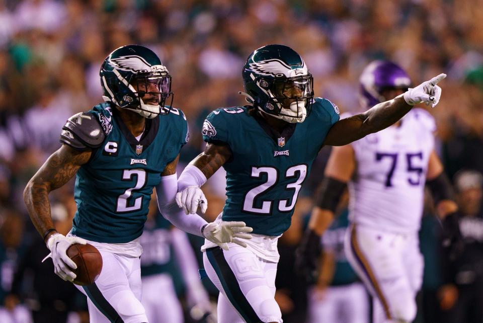 Philadelphia Eagles cornerback Darius Slay (2) celebrates his interception with safety Chauncey Gardner-Johnson (23) during the NFL football game against the Minnesota Vikings, Monday, Sept. 19, 2022, in Philadelphia.