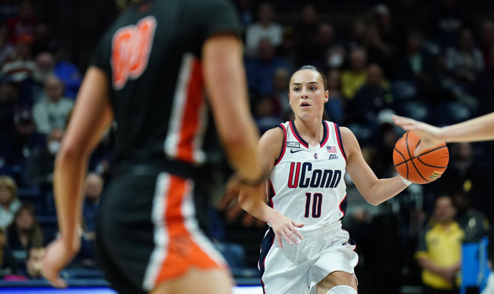 UConn guard Nika Muhl with the ball against Princeton in the first half at Gampel Pavilion on Dec. 8, 2022. (David Butler II/USA TODAY Sports)