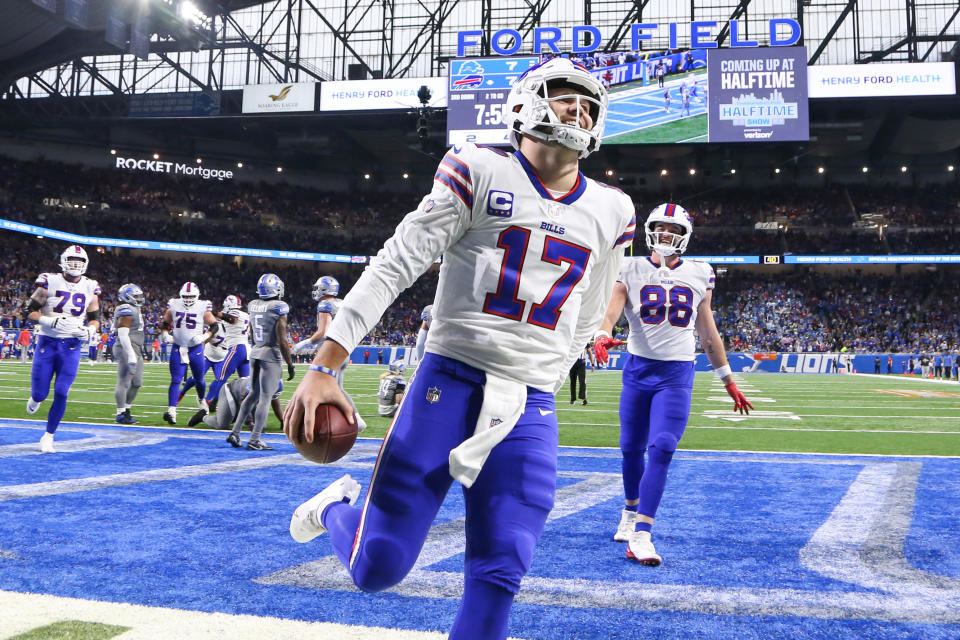 DETROIT, MI - NOVEMBER 24: Buffalo Bills quarterback Josh Allen (17) runs with the ball into the end zone for a touchdown during a regular season NFL football game between the Buffalo Bills and the Detroit Lions on Thanksgiving Day on November 24, 2022 at Ford Field in Detroit, Michigan. (Photo by Scott W. Grau/Icon Sportswire via Getty Images)