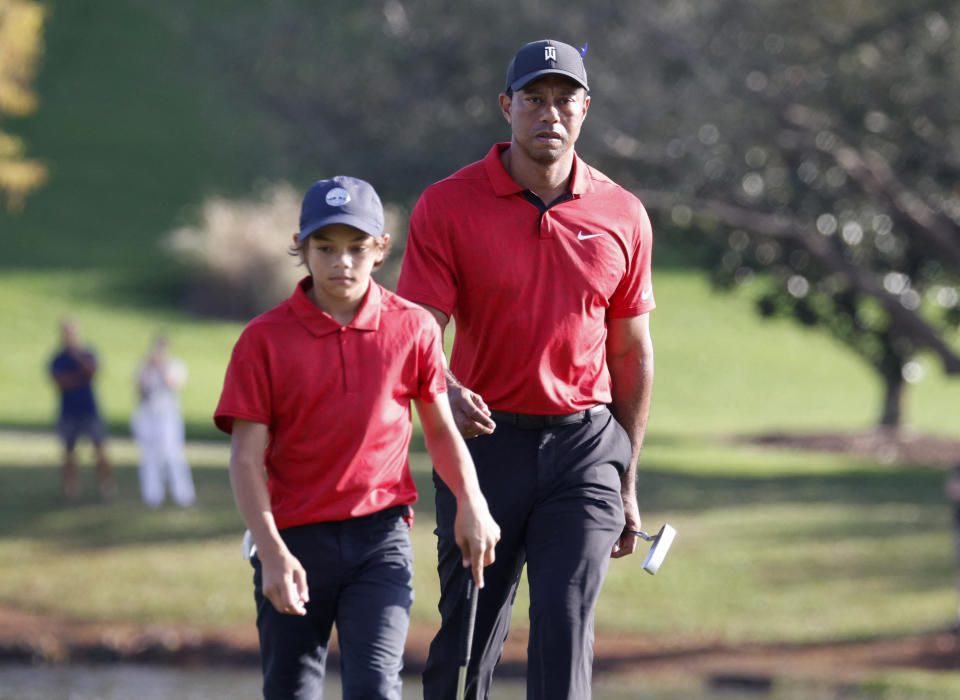 Tiger Woods and son Charlie in 2021. (Reuters/Joe Skipper)