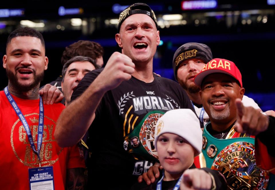 Tyson Fury celebrates with his corner (Action Images/Reuters)