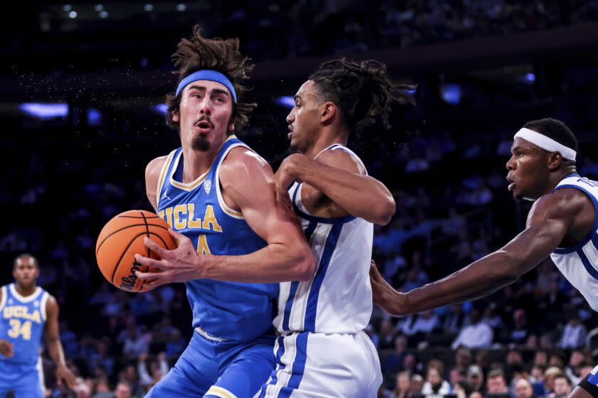 UCLA guard Jaime Jaquez Jr. prepares to shoot during the first half of an NCAA college basketball game.