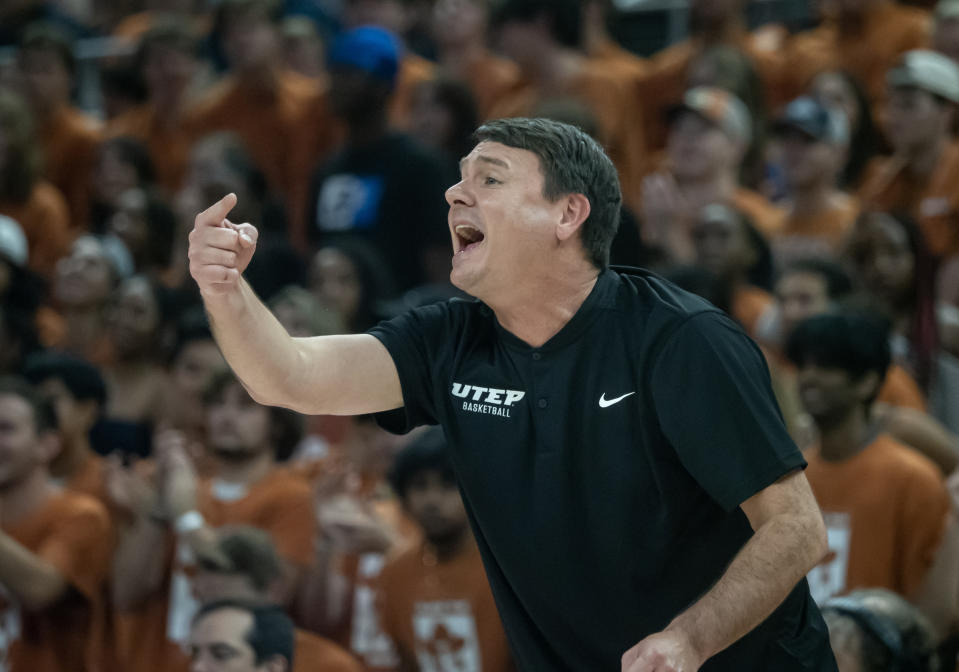 UTEP coach Joe Golding gestures to players during the first half an NCAA college basketball game against Texas, Monday, Nov. 7, 2022, in Austin, Texas. Texas won 72-57. (AP Photo/Michael Thomas)