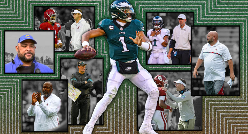 After seven straight seasons under seven different play-callers, Jalen Hurts finally has some continuity in Philadelphia. Now he's an NFL MVP candidate. (Michael Wagstaffe/Yahoo Sports)