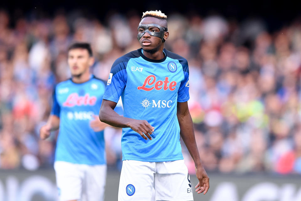 Victor Osimhen of SSC Napoli looks on during the Serie A match between SSC Napoli and Udinese Calcio at Stadio Diego Armando Maradona, Naples, Italy on 12 November 2022. (Photo by Giuseppe Maffia/NurPhoto via Getty Images)