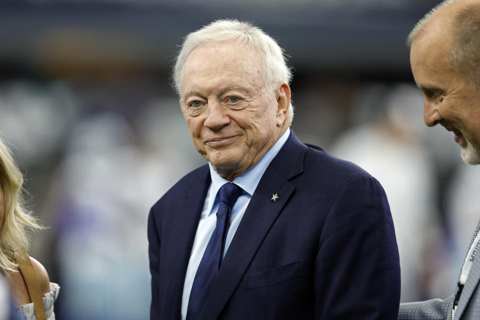 Dallas Cowboys team owner Jerry Jones is seen on the field before an NFL game against the Washington Commanders on Oct. 2, 2022, in Arlington, Texas. (AP Photo/Tyler Kaufman)