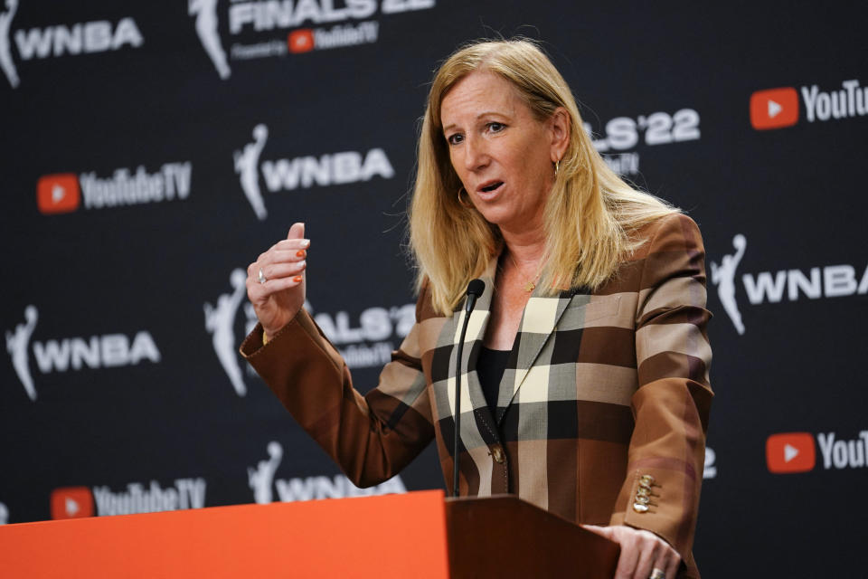 WNBA commissioner Cathy Engelbert addresses the media before the 2022 WNBA Finals at Michelob Ultra Arena in Las Vegas on Sept. 11, 2022. (Lucas Peltier/USA TODAY Sports)