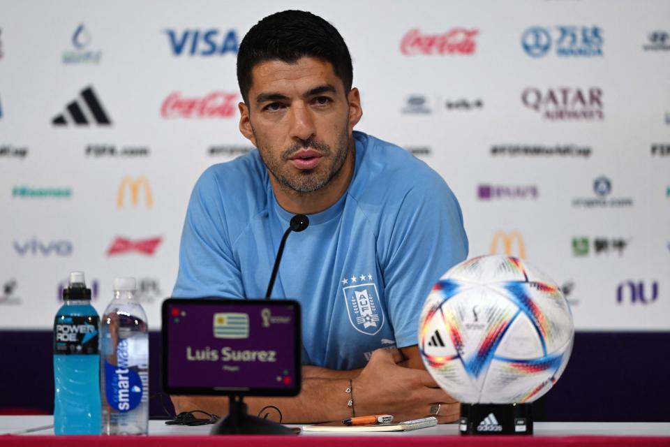Uruguay's Luis Suarez was asked about his 2010 handball ahead of his team's match against Ghana at the 2022 World Cup on Friday. (Photo by Pablo PORCIUNCULA / AFP) (Photo by PABLO PORCIUNCULA/AFP via Getty Images)