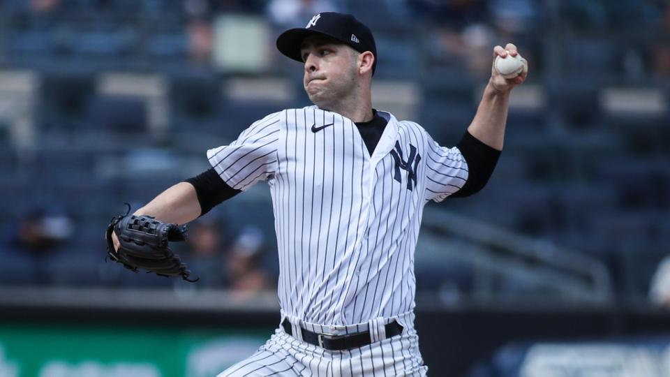 Sep 6, 2021; Bronx, New York, USA; New York Yankees pitcher Lucas Luetge (63) pitches in the eighth inning against the Toronto Blue Jays at Yankee Stadium.