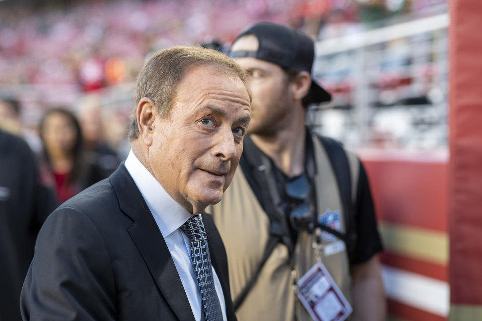 NBC commentator Al Michaels on the field during an NFL game between the San Francisco 49ers and Green Bay Packers in Santa Clara, Calif., Sunday, Nov. 24, 2019. (Photo by Tom Hauck/Getty Images)