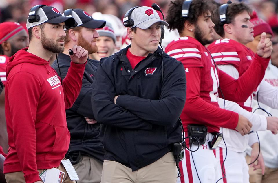 Wisconsin head coach Jim Leonhard, center, is shown during the first quarter of their game Saturday, November 26, 2022 at Camp Randall Stadium in Madison, Wis.