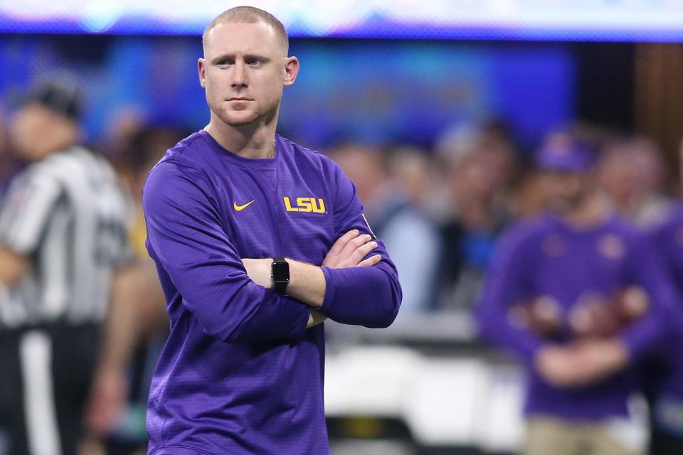 Dec 28, 2019; Atlanta, Georgia, USA; LSU Tigers passing game coordinator/wide receivers coach Joe Brady looks on before the 2019 Peach Bowl college football playoff semifinal game against the Oklahoma Sooners. Mandatory Credit: Brett Davis-USA TODAY Sports