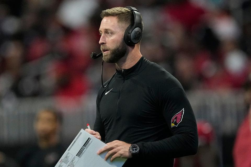 Arizona Cardinals head coach Kliff Kingsbury watches play against the Atlanta Falcons during the first half of an NFL football game, Sunday, Jan. 1, 2023, in Atlanta. (AP Photo/John Bazemore)