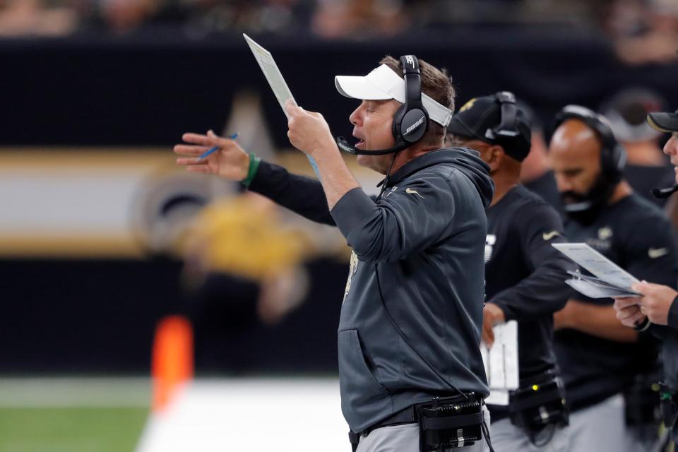 New Orleans Saints head coach Sean Payton calls out from the sideline in the first half of an NFL football game against the Arizona Cardinals in New Orleans, Sunday, Oct. 27, 2019. (AP Photo/Bill Feig)