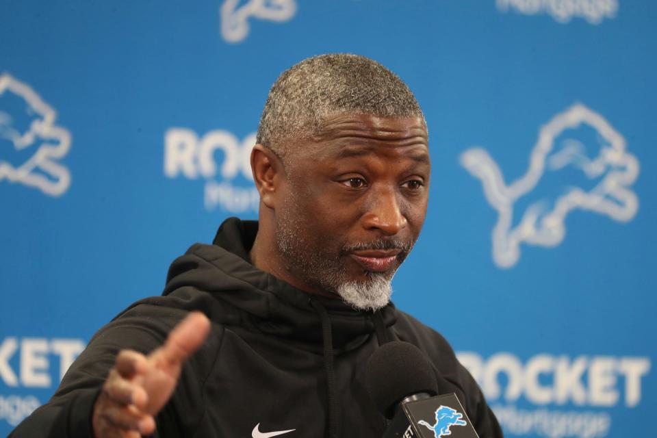 Detroit Lions defensive coordinator Aaron Glenn talks with reporters before OTAs on Thursday, May 26, 2022 at the team practice facility in Allen Park. Lions Ota S