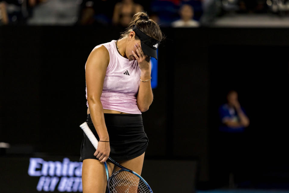 MELBOURNE, VIC - JANUARY 24: Jessica Pegula of the United States of America shows her frustration during the Quarterfinals of the 2023 Australian Open on January 24 2023, at Melbourne Park in Melbourne, Australia. (Photo by Jason Heidrich/Icon Sportswire via Getty Images)