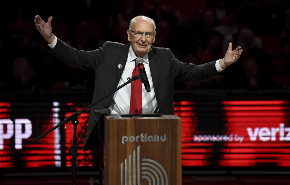 Iconic Trail Blazers broadcaster Bill Schonely, seen here being honored during a game last season, died on Saturday. He was 93.