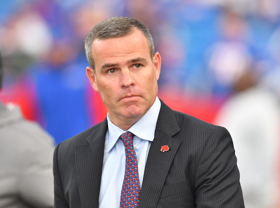 Sep 19, 2022; Orchard Park, New York, USA; Buffalo Bills general manager Brandon Beane enters the field before a game against the Tennessee Titans at Highmark Stadium. Mandatory Credit: Mark Konezny-USA TODAY Sports