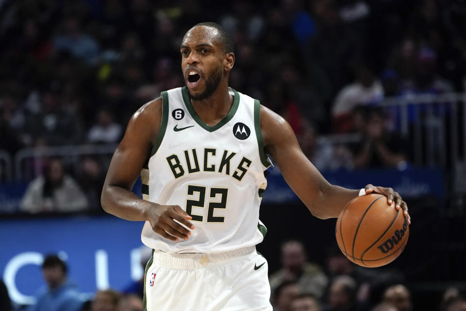 Milwaukee Bucks forward Khris Middleton played just his eighth game this season in Monday's win over the Detroit Pistons. His return puts the Bucks in realistic title contention. (AP Photo/Paul Sancya)