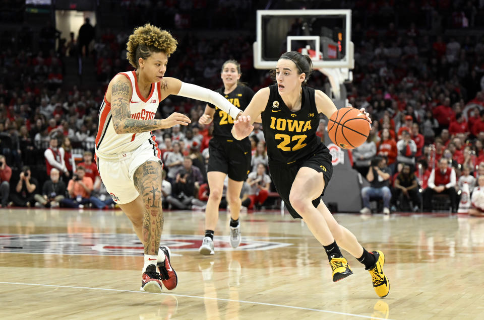 COLUMBUS, OHIO - JANUARY 23: Caitlin Clark #22 of the Iowa Hawkeyes handles the ball in the second quarter against Rikki Harris #1 of the Ohio State Buckeyes at Jerome Schottenstein Center on January 23, 2023 in Columbus, Ohio. (Photo by Greg Fiume/Getty Images)