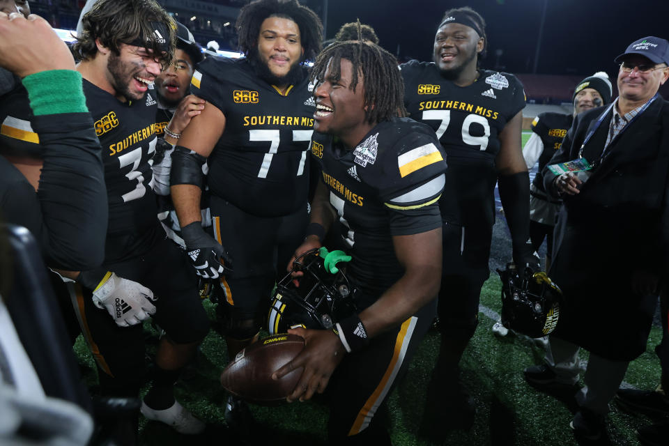 MOBILE, ALABAMA - DECEMBER 17: Frank Gore Jr. #3 of the Southern Miss Golden Eagles celebrates after winning the LendingTree Bowl against the Rice Owls at Hancock Whitney Stadium on December 17, 2022 in Mobile, Alabama. (Photo by Jonathan Bachman/Getty Images)