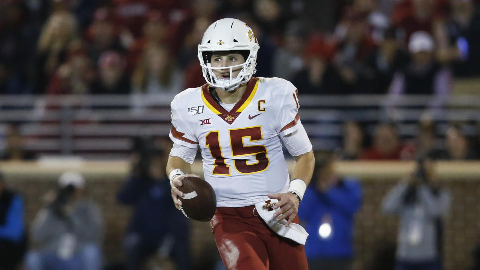 Iowa State quarterback Brock Purdy (15) during an NCAA college football game against Oklahoma in Norman, Okla., Saturday, Nov. 9, 2019. (AP Photo/Sue Ogrocki)