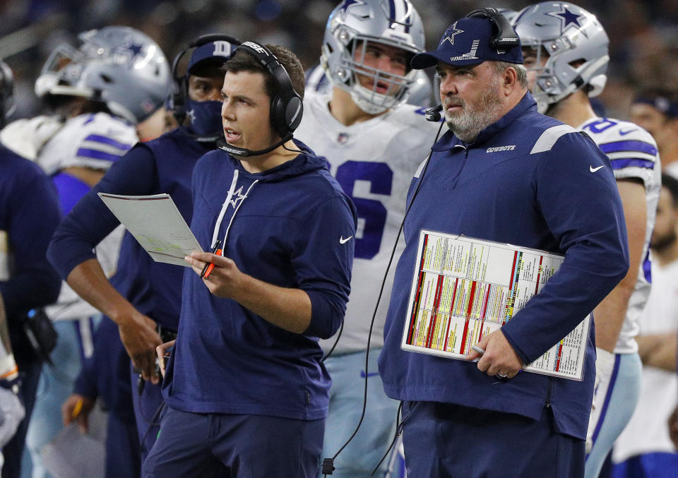 Dallas Cowboys head coach Mike McCarthy was non-committal when talking about the future role of offensive coordinator Kellen Moore. (Photo by Richard Rodriguez/Getty Images)