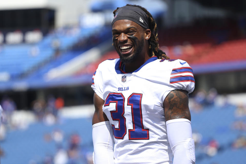 Damar Hamlin is back in Buffalo and seems to be thriving. (AP Photo/Joshua Bessex, File)