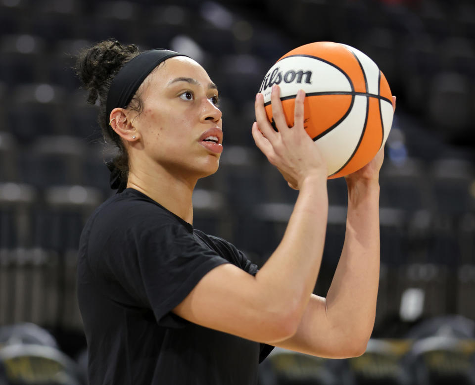 Dearica Hamby #5 of the Las Vegas Aces warms up before a game against the Atlanta Dream at Michelob ULTRA Arena on July 19, 2022 in Las Vegas, Nevada. NOTE TO USER: User expressly acknowledges and agrees that, by downloading and or using this photograph, User is consenting to the terms and conditions of the Getty Images License Agreement. (Photo by Ethan Miller/Getty Images)