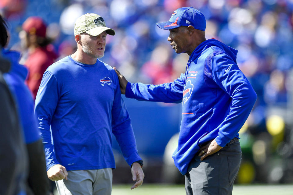 Head coach Sean McDermott (left), defensive coordinator Leslie Frazier and the rest of the Bills' staff aren't the problem. (AP Photo/Adrian Kraus, File)