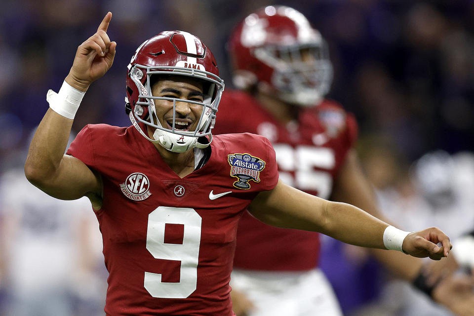 Alabama quarterback Bryce Young opens as the betting favorite to go first overall in the 2023 NFL Draft. (Sean Gardner/Getty Images)