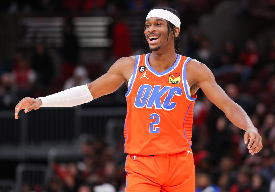 CHICAGO, IL - JANUARY 13: Oklahoma City Thunder Guard Shai Gilgeous-Alexander (2) reacts to a play during a NBA game between the Oklahoma City Thunder and the Chicago Bulls on January 13, 2023 at the United Center in Chicago, IL. (Photo by Melissa Tamez/Icon Sportswire via Getty Images)