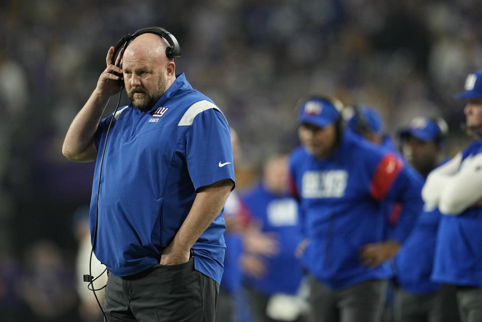 New York Giants head coach Brian Daboll watches during the second half of an NFL wild card football game against the Minnesota Vikings Sunday, Jan. 15, 2023, in Minneapolis. (AP Photo/Abbie Parr)