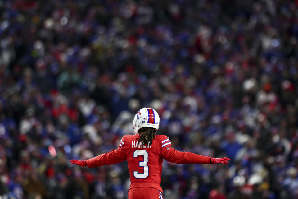 ORCHARD PARK, NY - DECEMBER 17: Damar Hamlin #3 of the Buffalo Bills celebrates after a play during the second quarter of an NFL football game against the Miami Dolphins at Highmark Stadium on December 17, 2022 in Orchard Park, New York. (Photo by Kevin Sabitus/Getty Images)