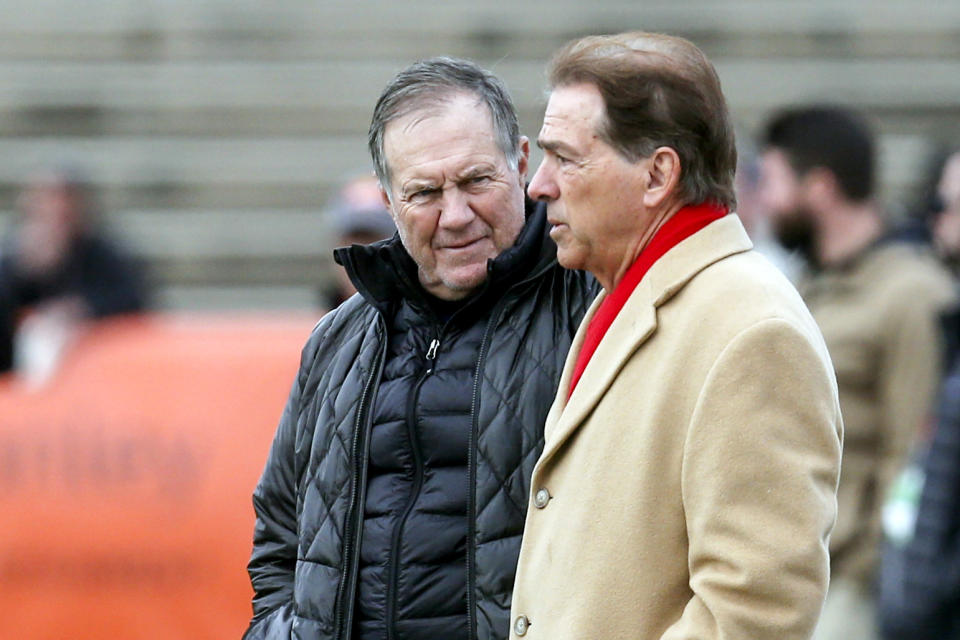 It might be time for New England Patriots coach Bill Belichick (left) to take a page out of the book of longtime confidant and Alabama coach Nick Saban. (AP Photo/Butch Dill)