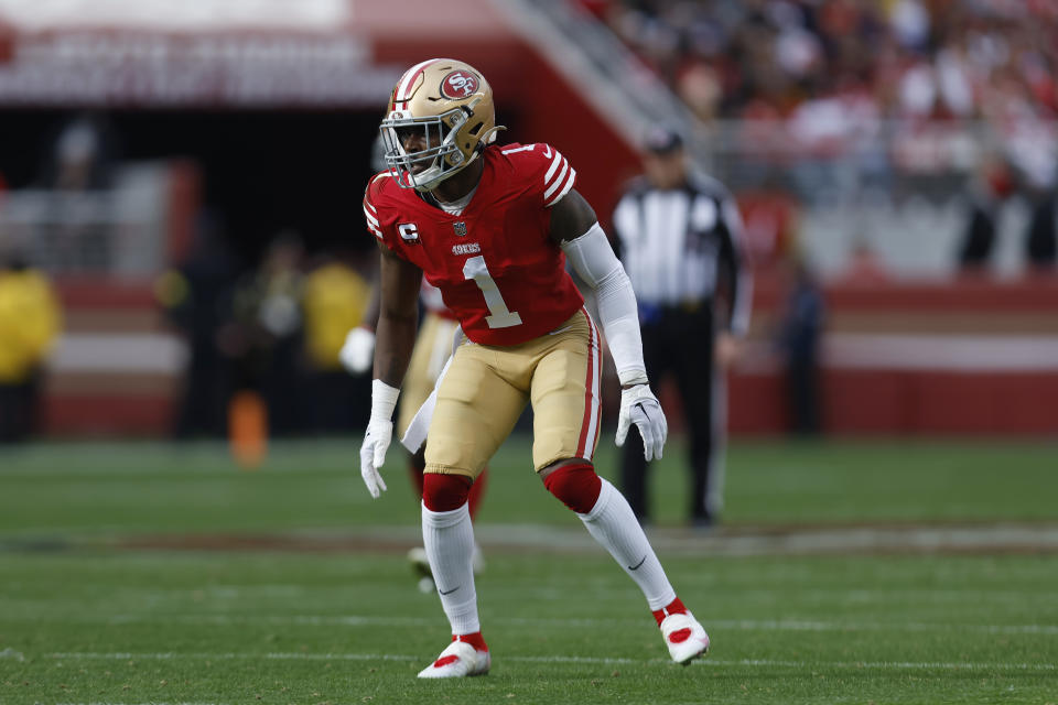 San Francisco 49ers cornerback Jimmie Ward (1) had a bad penalty before halftime against Seattle. (AP Photo/Jed Jacobsohn)