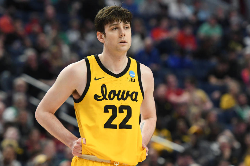 BUFFALO, NEW YORK - MARCH 17: Patrick McCaffery #22 of the Iowa Hawkeyes looks on during the first round game of the 2022 NCAA Men's Basketball Tournament against the Richmond Spiders at KeyBank Center on March 17, 2022 in Buffalo, New York. (Photo by Mitchell Layton/Getty Images)