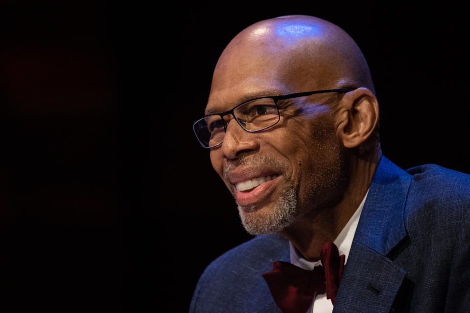 CAMBRIDGE, MA - OCTOBER 06: National Basketball Association (NBA) legend Kareem Abdul-Jabbar smiles while onstage during the Harvard University Hutchins Center Honors W.E.B. Du Bois Medal Ceremony on October 6, 2022, at Sanders Theatre in Cambridge, MA. (Photo by Erica Denhoff/Icon Sportswire via Getty Images)