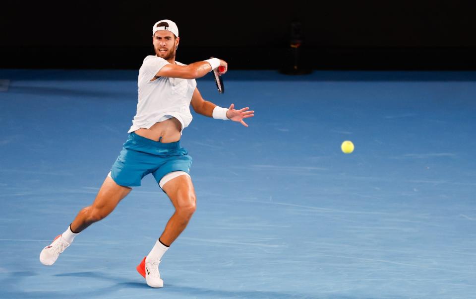 Karen Khachanov of Russia in quarter final action against Sebastian Korda of USA on day 9 of the 2023 Australian Open - Karen Khachanov sparks political row at the Australian Open - Future Publishing/Getty Images