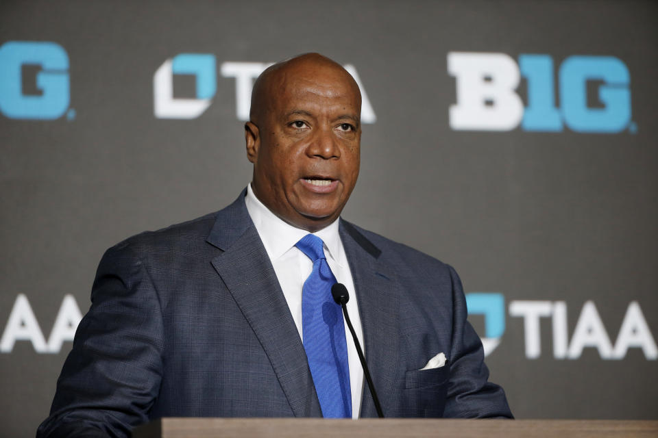 FILE - Big Ten Commissioner Kevin Warren speaks during Big Ten NCAA college basketball Media Days on Oct. 12, 2022, in Minneapolis. The Chicago Bears hired Big Ten Commissioner Kevin Warren as their president and CEO on Thursday, Jan. 12, 2023, bringing him back to the NFL to help lead a founding franchise after three years running one of college athletics' marquee conferences. (AP Photo/Bruce Kluckhohn, File)