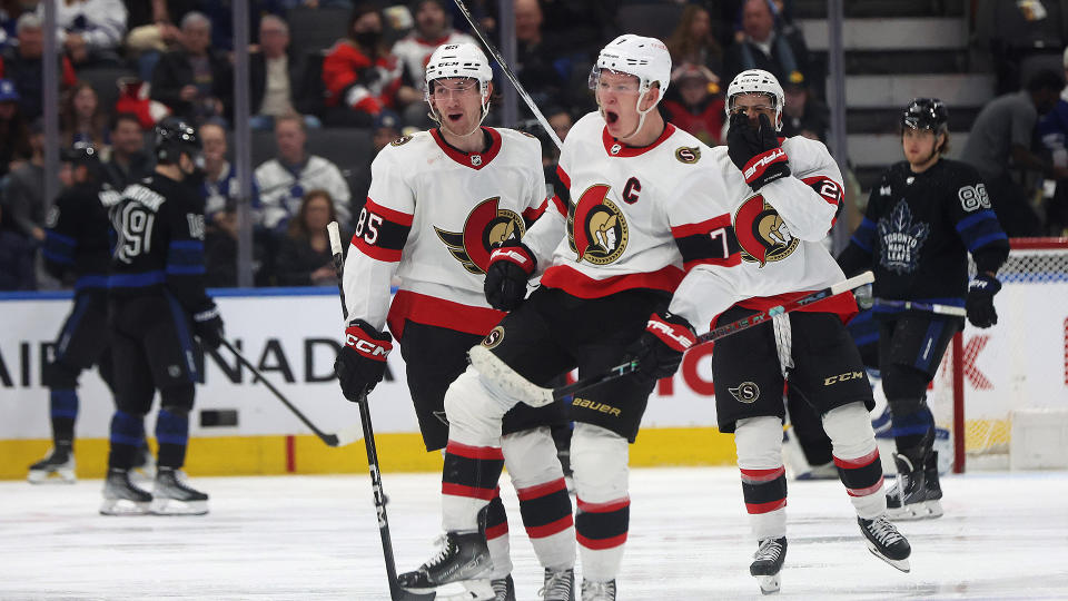 Senators captain Brady Tkachuk (7) was too much for the Maple Leafs to handle. (Steve Russell/Toronto Star via Getty Images)