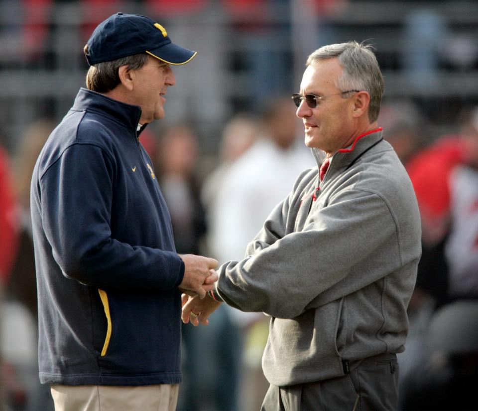 Ohio State's head coach Jim Tressel and Michigan head coach Lloyd Carr were all smiles before their game at Ohio Stadium. (Dispatch photo by Chris Russell)