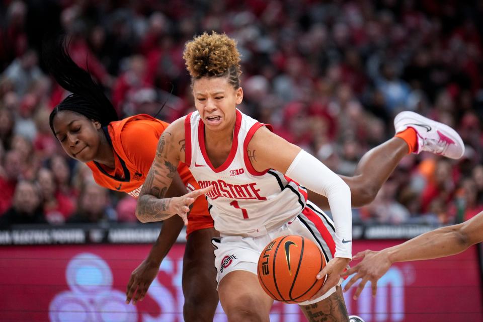 Jan 8, 2023; Columbus, Ohio, USA; Ohio State Buckeyes guard Rikki Harris (1) charges past Illinois Fighting Illini guard Jayla Oden (12) during the fourth quarter of the women’s NCAA division I basketball game between the Ohio State Buckeyes and the Illinois Fighting Illini at Value City Arena on Sunday afternoon.