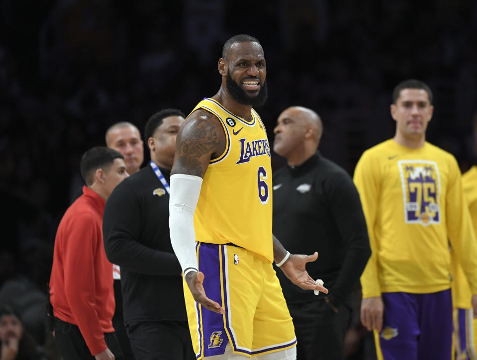 LOS ANGELES, CA - JANUARY 12: LeBron James #6 of the Los Angeles Lakers reacts to a foul call during the second half of the game against Dallas Mavericks at Crypto.com Arena on January 12, 2023 in Los Angeles, California. NOTE TO USER: User expressly acknowledges and agrees that, by downloading and or using this photograph, User is consenting to the terms and conditions of the Getty Images License Agreement. (Photo by Kevork Djansezian/Getty Images)