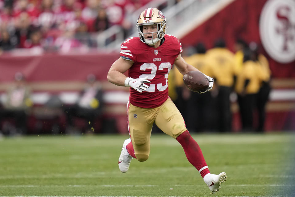 San Francisco 49ers running back Christian McCaffrey (23) during an NFL football game against the Arizona Cardinals on Jan. 8. (AP)