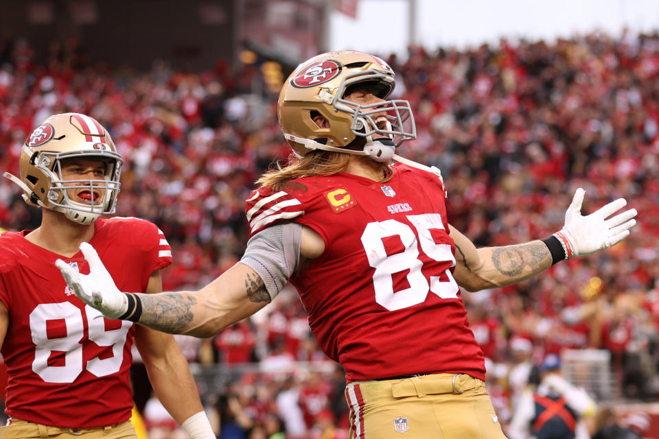 SANTA CLARA, CALIFORNIA - JANUARY 08: George Kittle #85 of the San Francisco 49ers celebrates after scoring a touchdown during the third quarter against the Arizona Cardinals at Levi's Stadium on January 08, 2023 in Santa Clara, California. (Photo by Ezra Shaw/Getty Images)